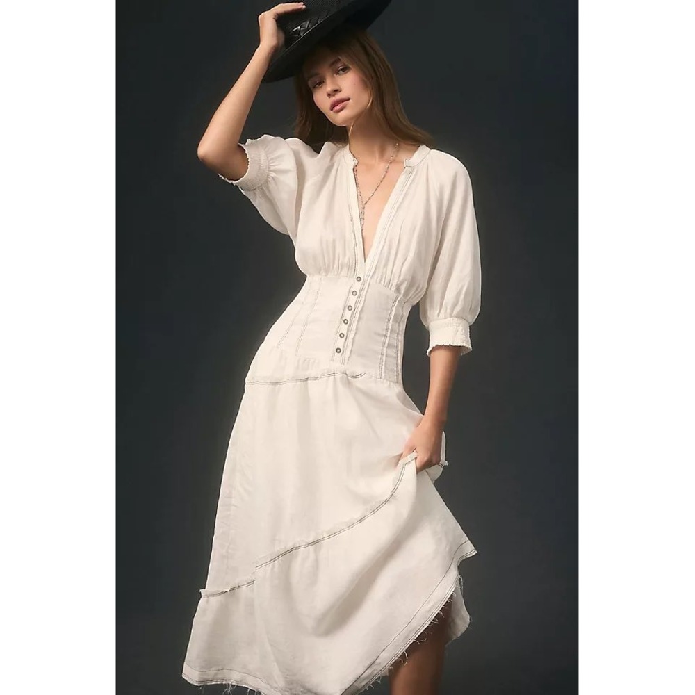 Anthropologie Cream Midi Dress with Buttoned Waist